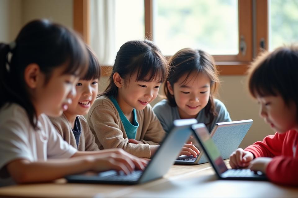 낡은 교실 환경에서 태블릿을 활용하여 즐겁게 학습하는 다양한 배경을 가진 한국 아이들의 모습. 교실은 햇살이 잘 들어오고 따뜻한 분위기입니다. 선생님이 옆에서 아이들을 격려하고 있습니다.