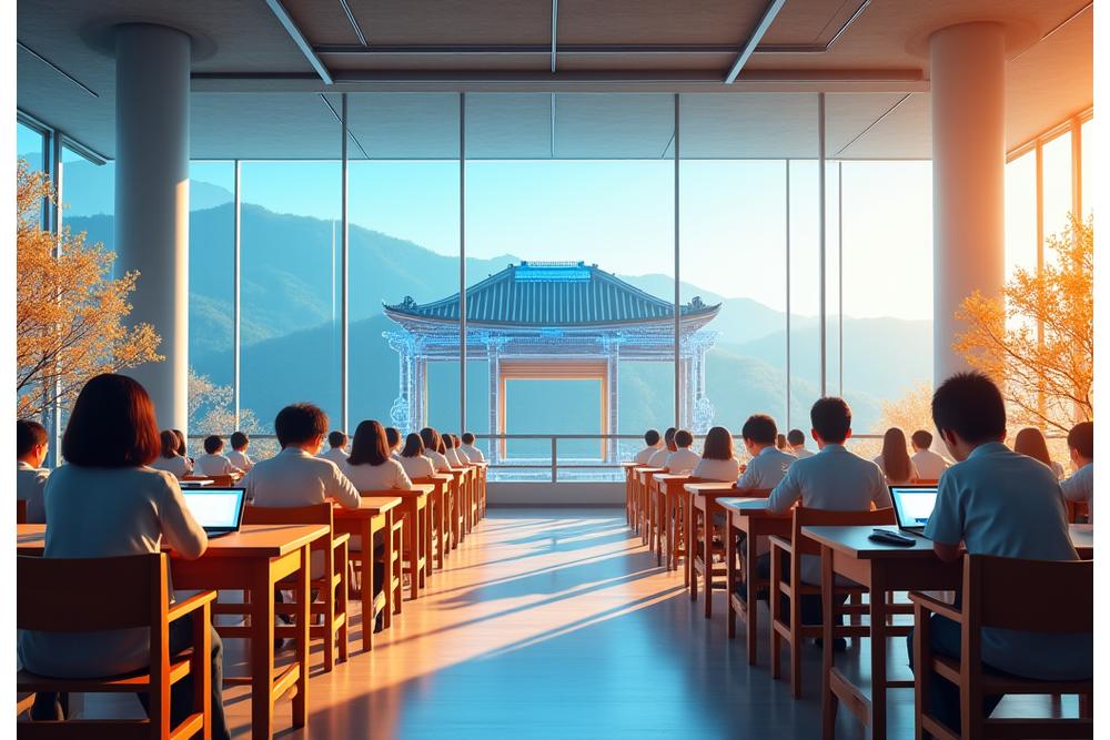 한국 교육의 발전을 상징하는 역동적인 학습 환경. 다양한 연령대의 학생들이 태블릿, VR 헤드셋, 홀로그램 디스플레이를 통해 협력 학습하는 모습. 배경에는 한국의 전통 건축물과 현대적인 스카이라인이 조화롭게 어우러져 과거와 미래의 연결을 강조합니다.