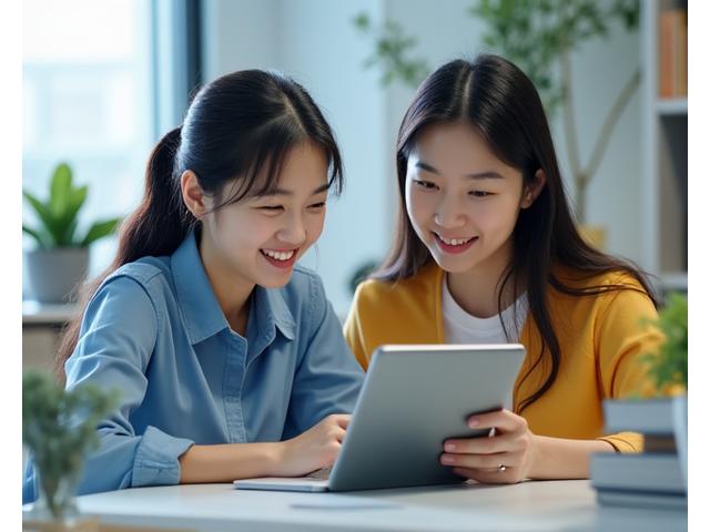 상담 전화 중인 한국인 카운슬러와 학생