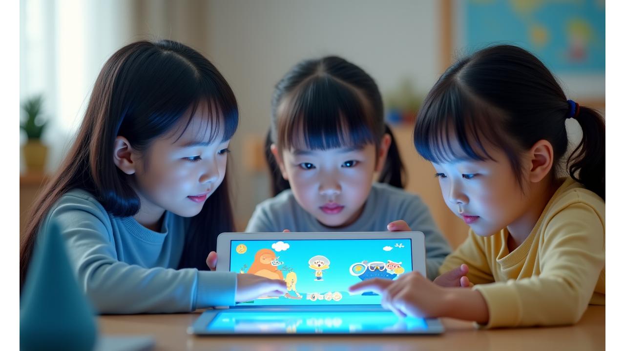다양한 기기에서 작동하는 인터랙티브 디지털 학습 모듈을 사용하는 한국 학생들