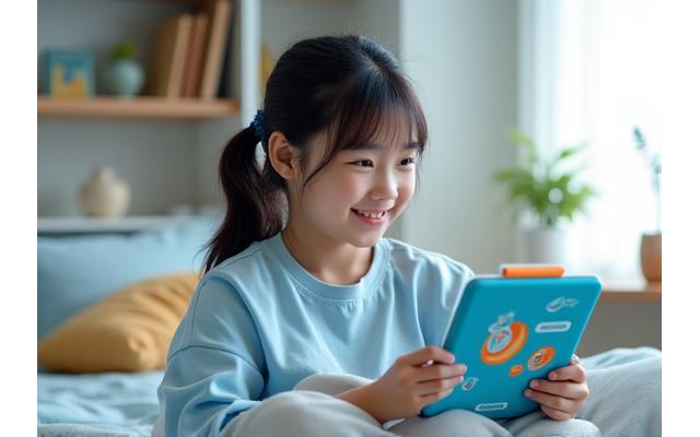 스마트 패드를 이용해 학습하는 초등학생 여아