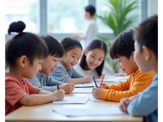 Children collaborating on a school project in a modern Korean classroom