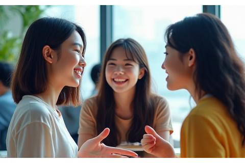 Teenagers happily conversing in Korean, gesturing