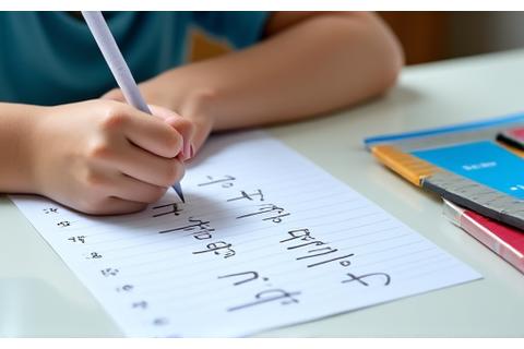 A child learning to write Hangul characters by hand