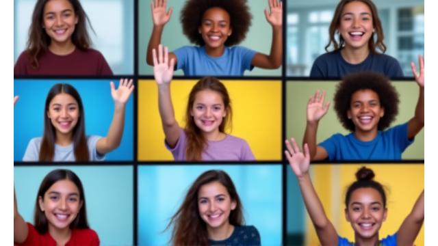 A diverse group of students eagerly raising hands in an online class