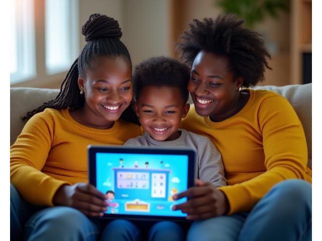 Parents and child reviewing a learning tablet together, smiling