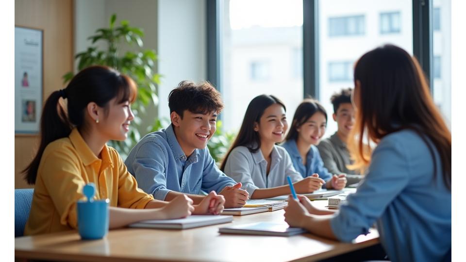 diverse group of international students learning Korean in a bright classroom