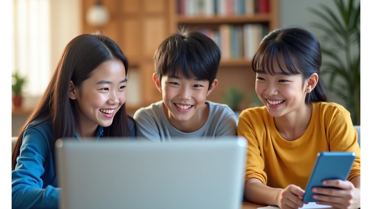 환하게 웃으며 노트북이나 태블릿으로 금촌 에듀브릿지 플랫폼을 사용하는 다양한 연령대의 한국 학생들. 밝고 희망찬 분위기.