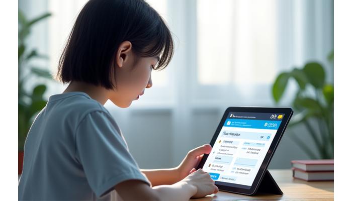 학생이 태블릿을 사용하여 AI 기반 학습 스타일 평가를 진행하는 모습. 화면에는 인터랙티브한 질문과 진도 표시줄이 보이며, 학생은 집중하여 응답하고 있다.