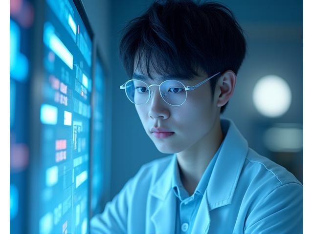 자신감 있는 표정의 한국인 남학생이 고급 STEM 개념을 학습하는 모습. 옆에는 '가속화된 학습'을 나타내는 다이내믹한 도표가 있다.
