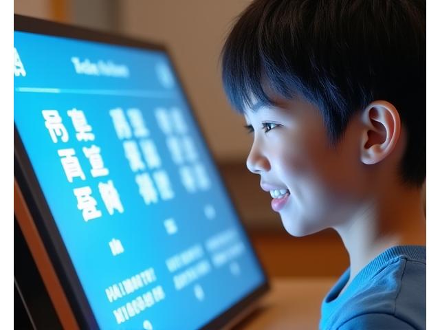 한국어가 서툰 외국인 학생이 AI 기반 한국어 학습 프로그램으로 자신감 있게 읽기 연습을 하는 모습. 화면에는 한국어 문장과 발음 가이드가 표시되어 있다.