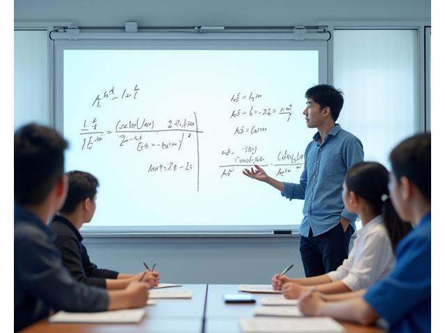 화이트보드에 복잡한 미적분 공식을 설명하는 한국인 수학 강사와 이를 집중하여 듣는 영재 학생들.