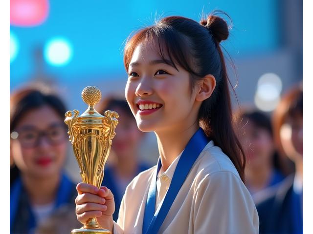 국제 수학 올림피아드 트로피를 들고 기뻐하는 한국인 학생과 그녀를 축하하는 멘토.