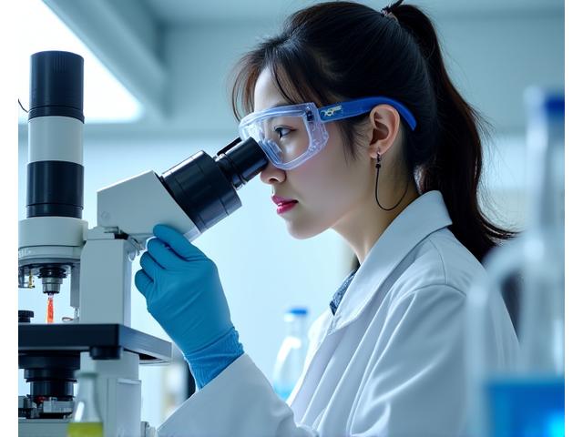 최첨단 과학 연구실에서 현미경을 통해 샘플을 분석하는 한국인 여학생, 금촌 에듀브릿지의 심도 깊은 과학 교육을 보여줍니다.