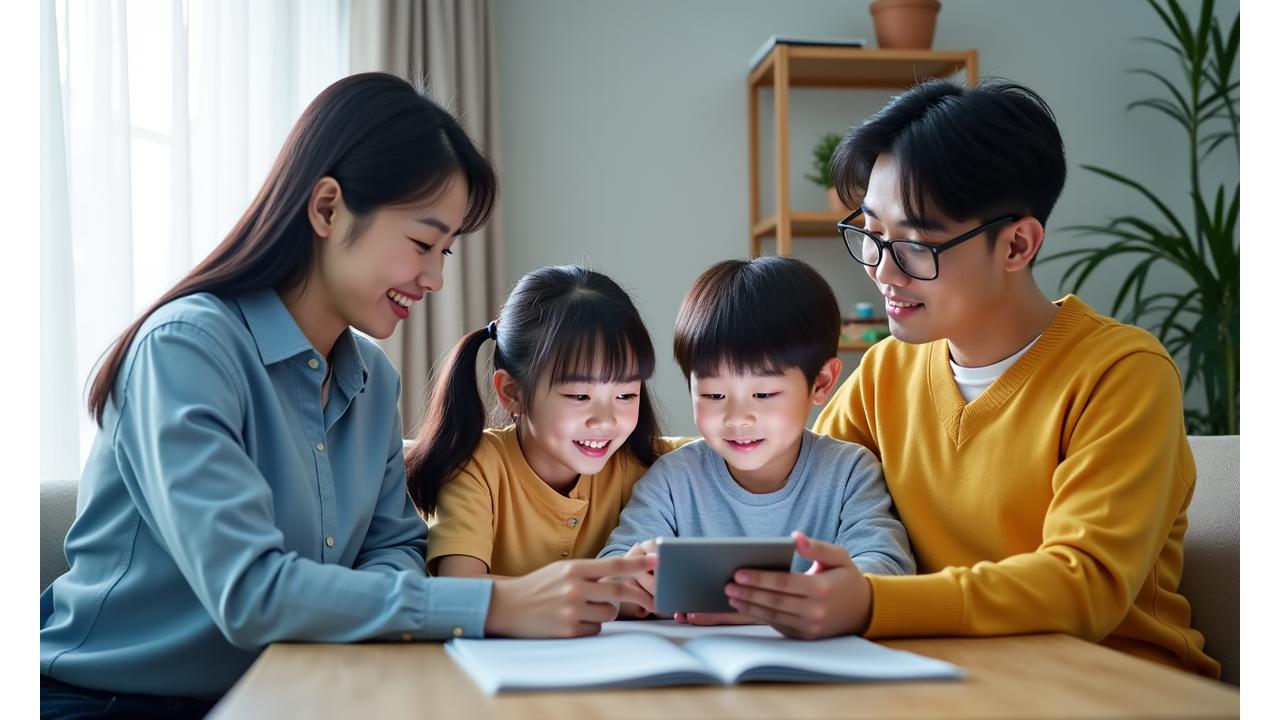 선생님과 학부모, 학생이 함께 태블릿을 보며 학습 계획을 논의하는 모습
