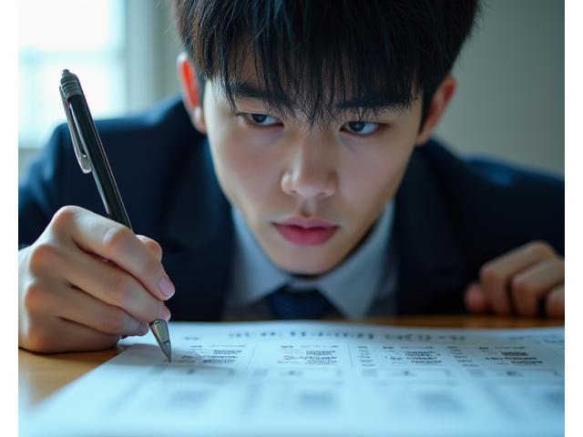 긴장감 속에 수능 시험지를 펴고 문제 풀이에 집중하는 한국 고등학생