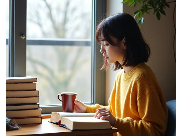 도서관에서 한국 학생이 다양한 영문 서적과 한국어 서적을 함께 읽으며 학습하는 모습
